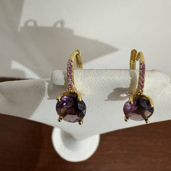 Pink tourmaline garnet gemstone drop style earrings gold filled - Picture 11 of 16